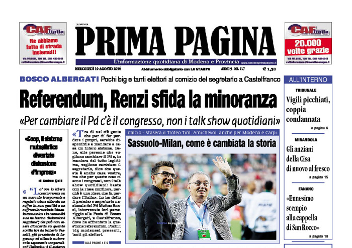 Prima Pagina - Mercledì 10 Agosto 2016
