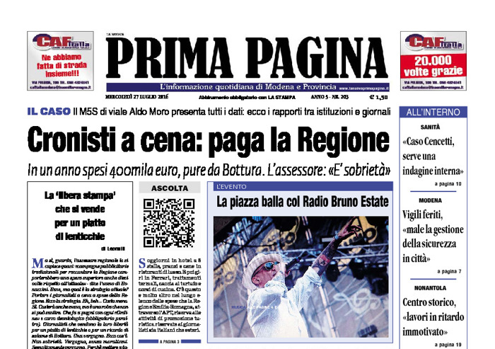Prima Pagina - Mercledì 27 Luglio 2016