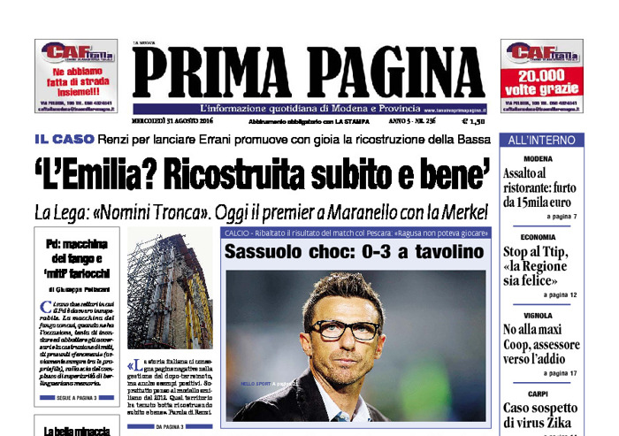 Prima Pagina - Mercledì 31 Agosto 2016