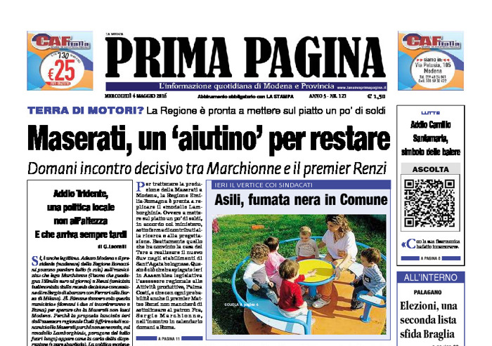 Prima Pagina - Mercledì 4 Maggio 2016