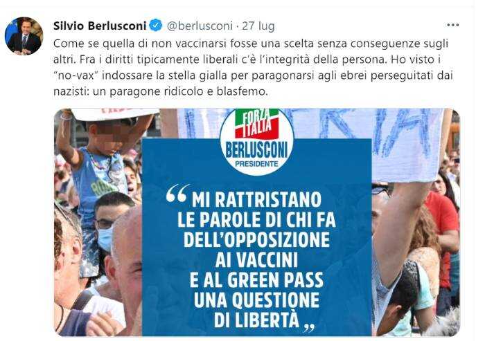 Berlusconi: 'Blasfemo paragone no vax a ebrei'. Ma lui disse di peggio