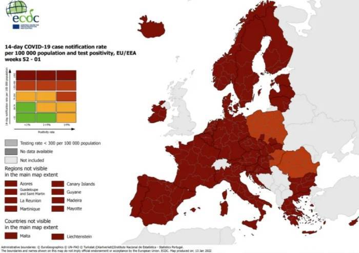 Covid, mappa Ecdc: Italia in rosso scuro. Si salva l'Europa dell'Est
