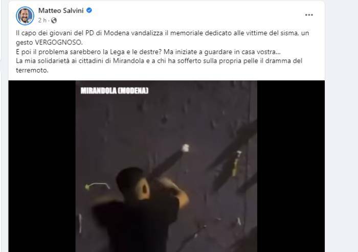Segretario giovani Pd vandalizza memoriale sisma: pure Salvini attacca